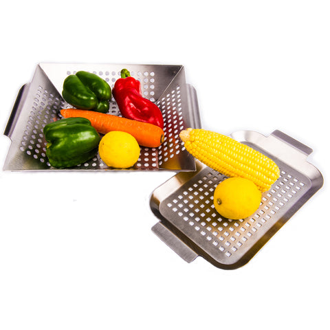 Best Vegetable Grill Basket Grill Pan with Handles- Set of 2 - Stainless Steel BBQ Accessories Tools - TENOFO