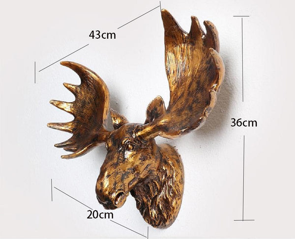 43cm Resin Deer Head Mount Antler Wall Art Sculpture Moose Statue Faux Taxidermy Ornaments Golden - TENOFO