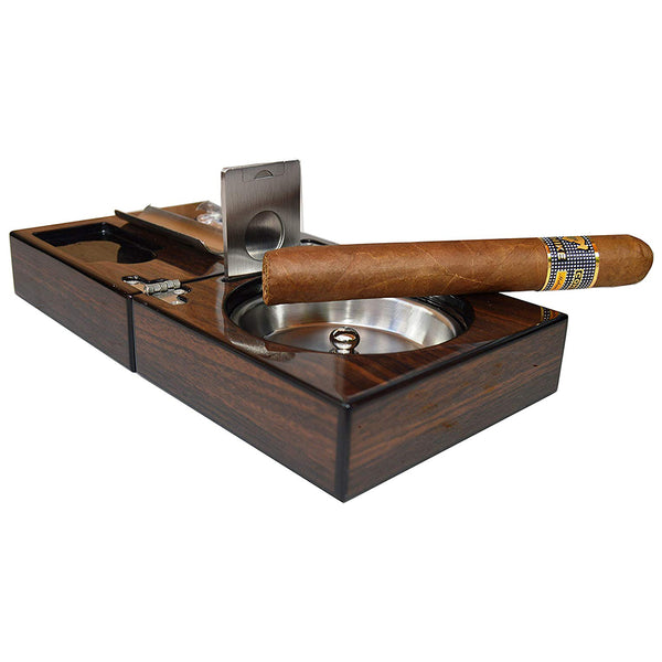 Wooden Travel Cigar Ashtray Set with Cutter Punch Folding Portable