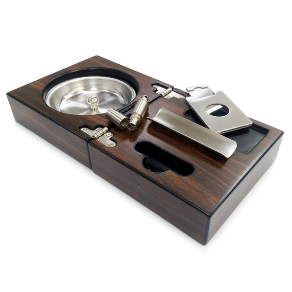 Wooden Travel Cigar Ashtray Set with Cutter Punch Folding Portable